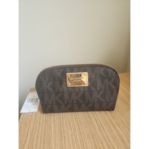 Michael Kors Dark Brown Signature Print "Jet Set" Cosmetic Pouch NWT - Picture 1 of 8